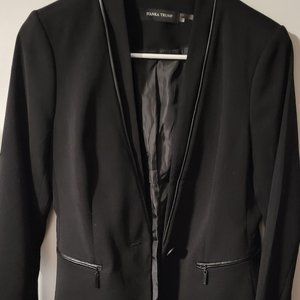 Collarless Suit Jacket with Faux Leather Accents